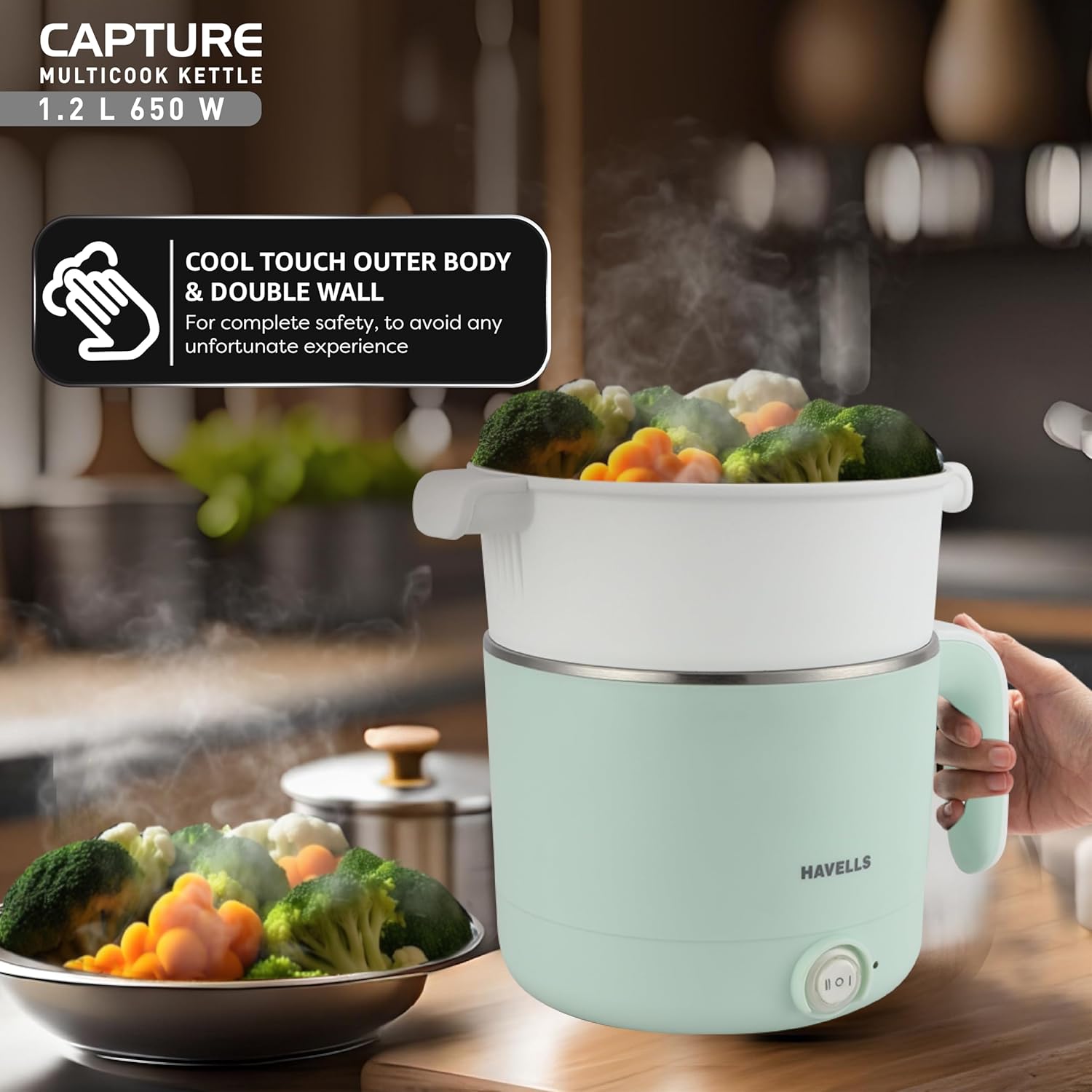 Havells Capture 1.2 L Multi-Cook Electric Kettle with Steamer | 650W